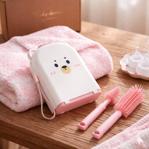 Travel Bottle Cleaner kit, 7in1 Baby Travel Gear Essential Silicone Travel Bottle Brush Set Nipple Drying Rack, Straw Breast Pump Cleaning Soap Dispenser Organizer Case Mon Gift (Pink) - color: Pink