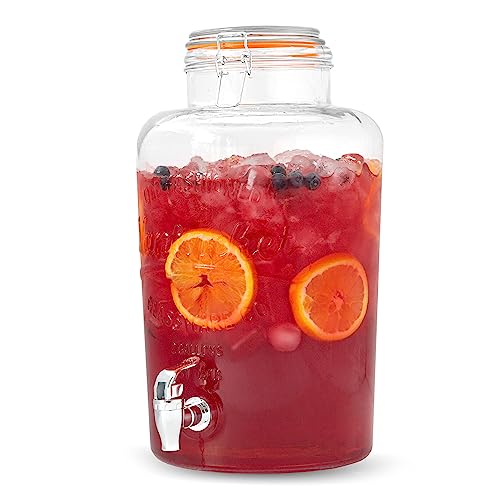 Ilyapa 2 Gallon Glass Beverage Dispenser - Wide Mouth Mason Jar Drink Dispenser - with Glass Flip Top Lid for Parties, Weddings, Lemonade, Cold Water - size: 2 Gallon Flip Top