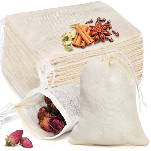 20 Pcs Muslin Bags with Drawstring, Reusable Tea Bags, Spice Bags for Cooking Soup/Herb/Loose Leaf Tea, Natural Cotton Small Cheese Cloth Bag for Straining, Sachet Bags Empty, 4 X 3 Inches - size: 3 x 4 inches