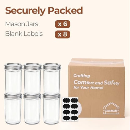 ComSaf 12 oz Mason Jars, 6 Pack Regular Mouth Glass Jars with Lids | BPA-Free Materials, Juice, Pickles, Sauces, Desserts, Overnight Oats, Medium Portions - size: 12oz*6 regular mouth