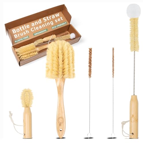 Bottle Brush Set - Ergonomic & Plastic Free Bamboo Bottle Brush, All in One Bottle And Straw Brush Cleaning Set, Sturdy Eco Friendly Water Bottle Cleaner Brush Set, Great Baby Bottle Cleaner Brush Set