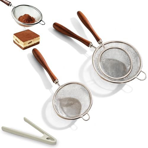 3 Pack Fine Mesh Strainers with Silicone Tongs, Stainless Steel Sieve Set with Wooden Handle, Small/Medium/Large Food Strainers for Baking Flour, Baby Food, Juice, Soy Milk, Kitchen Cooking
