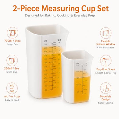 Silicone Measuring Cup Set, 1 Cup & 3 Cup Flexible Liquid Measuring Cups with Spout, BPA Free Silicone + PP Hybrid Design, Clear Cup & ml Markings for Cooking, Baking and Kitchen Use