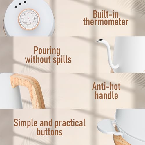 Nueve&Five Electric Gooseneck Kettle with Thermometer, 1.0L Pour Over Hot Water Kettle for Coffee and Tea, 1000W, Auto Shutoff, Boil-Dry Protection, White - color: WHITE