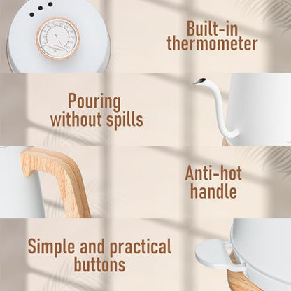 Nueve&Five Electric Gooseneck Kettle with Thermometer, 1.0L Pour Over Hot Water Kettle for Coffee and Tea, 1000W, Auto Shutoff, Boil-Dry Protection, White - color: WHITE