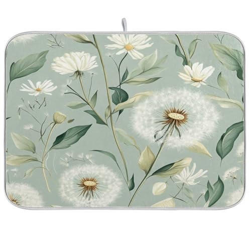 Sage Green Dandelion Floral Spring Dish Drying Mat for Kitchen Counter Microfiber Absorbent Dish Drainer Rack Mat Small Kitchen Drying Mat Heat Resistant Drying Pad for Counter 18x24 - color: Sage Green Dandelion, size: 18x24in