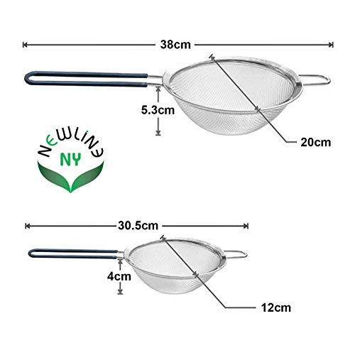 Premium Double Stainless Steel Fine Mesh Strainers with Soft-touch Anti-slip Silicone-coated Handle 2 pcs Set