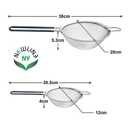 Premium Double Stainless Steel Fine Mesh Strainers with Soft-touch Anti-slip Silicone-coated Handle 2 pcs Set