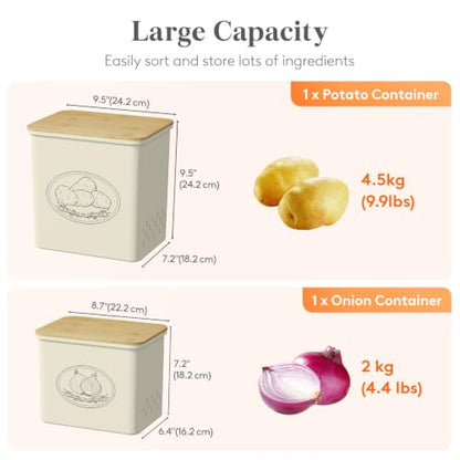 Lifewit Onion and Potato Storage Bin with Aerating Holes and Lid, Stackable Garlic Keeper, Plastic Vegetable Container Box for Kitchen, Beige, Set of 2 - color: Beige