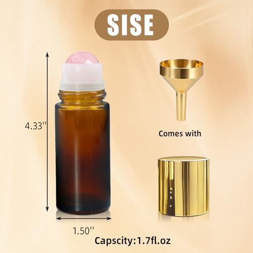 Rose Quartz Roller Bottles for Oils, 50ml Refillable Amber Glass Roll On Bottles with Natural Crystal Roller Balls, Leak-Proof Travel Perfume Bottle with Gold Caps - size: 1.7 Ounces