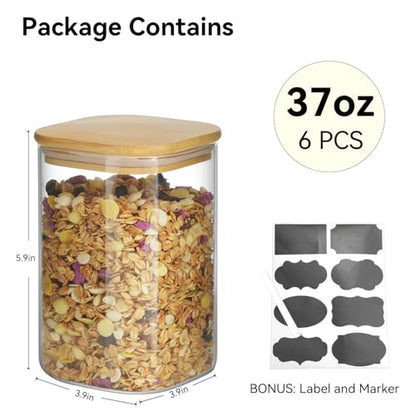6 Pack Glass Pantry Storage Jars - 37oz Airtight Food Storage Containers Set with Bamboo Lid Labels, Square Kitchen Pantry Canister Organizers for Cookies Candy Coffee Bean Sugar Tea Spice Cereal - size: 37oz*6