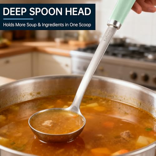 Safring Stainless Steel Soup Ladle and Spaghetti Spoon Set, Heat Resistant Rubber Handle, Dishwasher Safe, Kitchen Utensils for Cooking, Stirring, Serving Pasta, Soup & Sauce (Mint) - color: Mint