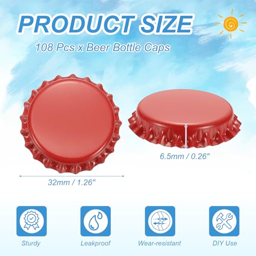 uxcell 108 Pcs Oxygen Absorbing Beer Bottle Caps, 32mm Pry Off Bulk Crown Caps Bottle Toppers for Soda Beer Wine Glass Bottles Home Brewing DIY Pendants or Craft Scrapbooks, Red - color: Red