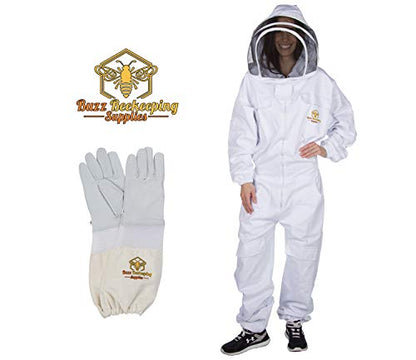 Professional Beekeeping Suit and Goatskin Gloves (1 pair) Self-Supporting Fencing Veil and Heavy Duty YKK Metal Zippers for Bee Keepers Easily Take On and Off (Medium) - size: Medium