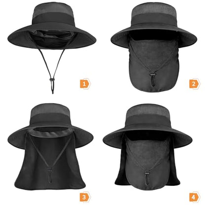 Sun Hats for Men Women Fishing Hat UPF 50+ Breathable Wide Brim Bucket Hats Summer UV Protection Safari Hat with Neck Flap - color: Black (With Face Cover)