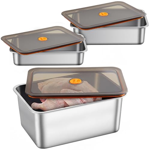 Reallnaive 3 Pcs Stainless Steel Marinade Containers with Lid, 3.3, 5.6, 8 Qt Metal Meat Brining Containers, Brining Prepstorage Box Dishwasher Safe Bpa Free for BBQ Tailgates Storage - size: 3.3，5.6 , 8 Qt