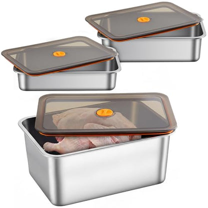 Reallnaive 3 Pcs Stainless Steel Marinade Containers with Lid, 3.3, 5.6, 8 Qt Metal Meat Brining Containers, Brining Prepstorage Box Dishwasher Safe Bpa Free for BBQ Tailgates Storage - size: 3.3，5.6 , 8 Qt
