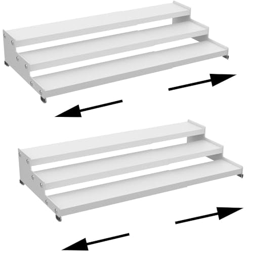 Expandable Carbon Steel Spice Rack Organizer for Pantry, Adjustable 3-Tier Ladder Shelf,Holds Up to 24 Cans,Kitchen Countertop Organizer, Rustproof Storage Rack for Spices, Cans, Sauces & Dry Goods - color: White, size: 2PACKS/WHITE