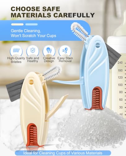 4 in 1 Cup Lid Gap Cleaning Brush Set 2 Pcs - Multifunctional Bottle Cleaning Brush Tools for Home Kitchen and Travel Cleaning | Portable Silicone Cup Lid Cleaner in 2 Colors (Beige & Blue) - color: Beige & Blue