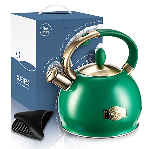 SUSTEAS Stove Top Whistling Tea Kettle - Food Grade Stainless Steel Teakettle Teapot with Cool Touch Ergonomic Handle, With 1 Silicone Pinch Mitt Included, 2.64 Quart (Green) - color: Green