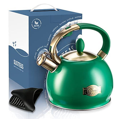 SUSTEAS Stove Top Whistling Tea Kettle - Food Grade Stainless Steel Teakettle Teapot with Cool Touch Ergonomic Handle, With 1 Silicone Pinch Mitt Included, 2.64 Quart (Green) - color: Green