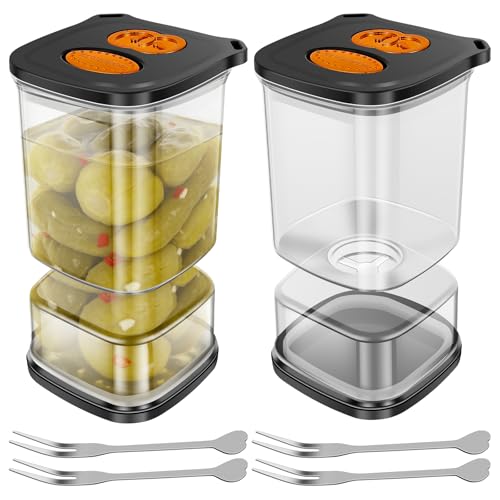 2 Pack Pickle Jars with Strainer Flip, Salad Olive Jar, 33.82 OZ Clear Square Pickle Container with 4 Fork and Timer Recorder Olive Container Jar for Gherkins Olives Onions Garlic, Gifts for Mom
