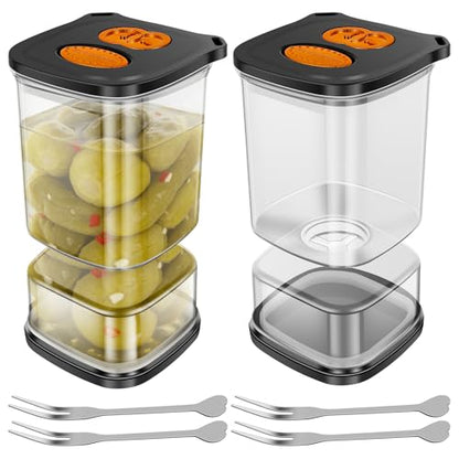 2 Pack Pickle Jars with Strainer Flip, Salad Olive Jar, 33.82 OZ Clear Square Pickle Container with 4 Fork and Timer Recorder Olive Container Jar for Gherkins Olives Onions Garlic, Gifts for Mom