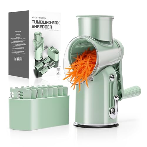 KEOUKE Rotary Cheese Grater 5 in 1 Green - Hand Crank Vegetable Cutter, Shredder, Slicer, Enlarge Input, Suction Base, Labor-Saving Handle, Blade Storage Box, for Onion, Potato, Vegetable, Nuts, etc - color: Green