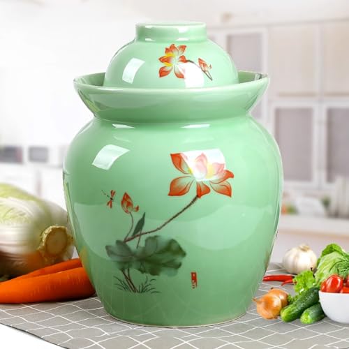 GVILTY Large Ceramic Pickle Jar with Lids, Green Traditional Chinese Porcelain Pickle Jar,Ceramic Fermentation Crock with Water Seal Airlock Lid,Sauerkraut Crock 3.5kg - size: 3.5kg