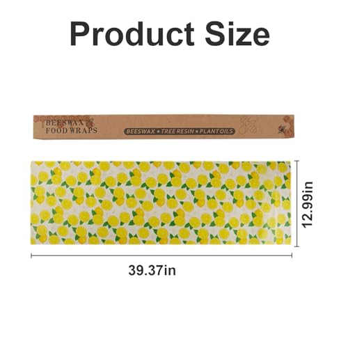 Organic Beeswax Wrap Roll Paper 13x39 Inch Reusable Food Wraps Washable Cut to Size Sustainable Wax Paper, for Keeping Sandwiches Cheese Bread Leftovers Fresh,Lemon