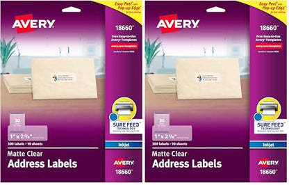 Avery Printable Address Labels with Sure Feed, 1" x 2-5/8", Matte Clear, 300 Blank Mailing Labels (18660) (Pack of 2) - size: One Size (Pack of 2)