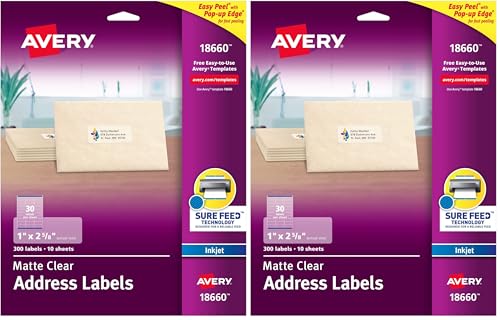 Avery Printable Address Labels with Sure Feed, 1" x 2-5/8", Matte Clear, 300 Blank Mailing Labels (18660) (Pack of 2) - size: One Size (Pack of 2)