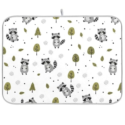 Raccoons Tree White Dish Drying Mat for Kitchen Counter Super Absorbent Draining Mat with Non-slip Backed Drainer Mat for Dish Cups Bowl Bottles Countertops Sinks Draining Racks