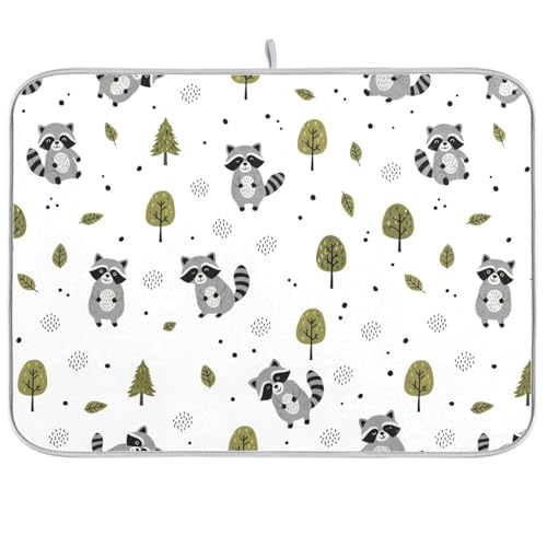 Raccoons Tree White Dish Drying Mat for Kitchen Counter Super Absorbent Draining Mat with Non-slip Backed Drainer Mat for Dish Cups Bowl Bottles Countertops Sinks Draining Racks