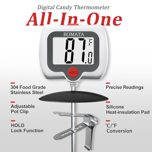 BOMATA Digital Candy Thermometer with Pot Clip, Deep Fry Oil Thermometer with Rotatable Display & Long Probe, for Candy Candle Making, Cooking, Food, Liquids, Water, Sugar.. White - color: White