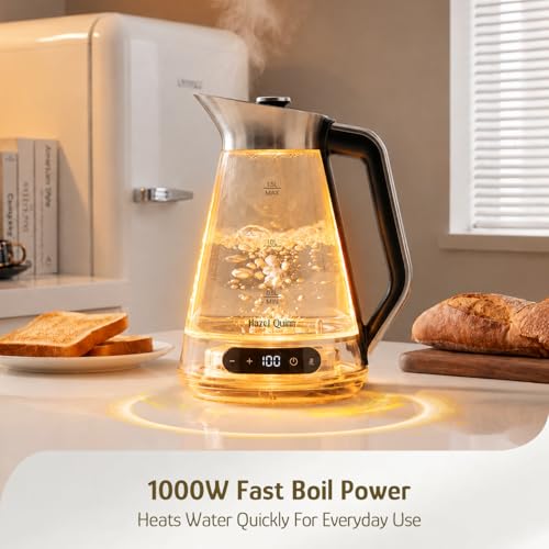 Hazel Quinn Glass And Stainless Steel Electric Kettle, 1.5 Liters Tea Kettle And Hot Water Kettle, BPA-Free, ±1°C Temp Control, 24H Keep Warm, 1000W Fast Quiet Boil, Anti-Residue Bottom, Auto Shut-Off