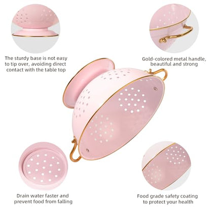 Metal Colander Set of 2, Strainer Basket with Handles 3.5 & 5 Qt Powder Coated Self-draining Solid Ring Base Metal Large Kitchen Colander Bowel for Pasta Vegetable Fruit (PINK) - color: M-PINK