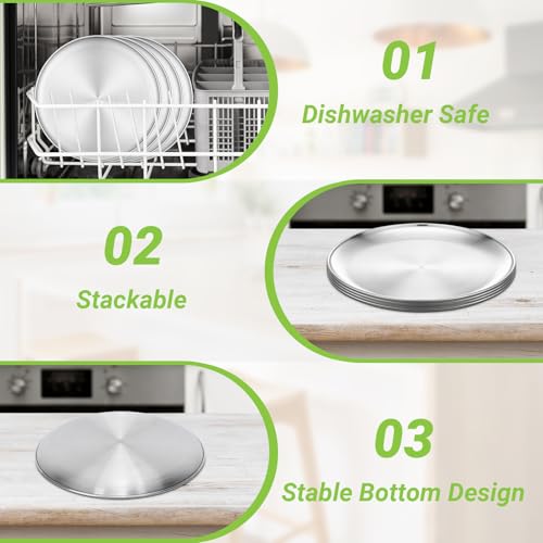 Stainless Steel Plates, 4 Pack 11.8 inch Large 201 Metal Food Serving Plate Set, Reusable Snack Eating Dishes Round Shatterproof Brushed Finish Dish Silver Dinner Lunch Oven Dishwasher Safe - size: 11.8"