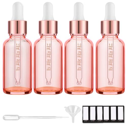 PrettyCare 4 Pack 1oz Dropper Bottles for Essential Oils with Labels, Funnel & Measured Pipettes, 30 ml Leak Proof Rose Glass Essential Oils Bottles- Empty Tincture Bottles for Personal Care & Beauty - color: 1oz Rose, style: 4 Pack