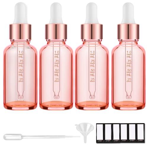 PrettyCare 4 Pack 1oz Dropper Bottles for Essential Oils with Labels, Funnel & Measured Pipettes, 30 ml Leak Proof Rose Glass Essential Oils Bottles- Empty Tincture Bottles for Personal Care & Beauty - color: 1oz Rose, style: 4 Pack