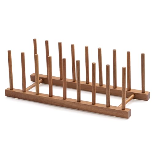 HBlife Acacia Wooden Dish Dying Rack Pot Lid Plate Organizer Holder for Cabinet, Cutting Board Stand Drainer Storage Plate Rack for Dish, Pot Lid, Bowl, Cup, Cutting Board and Books - color: Acacia 8 Slots 1pcs