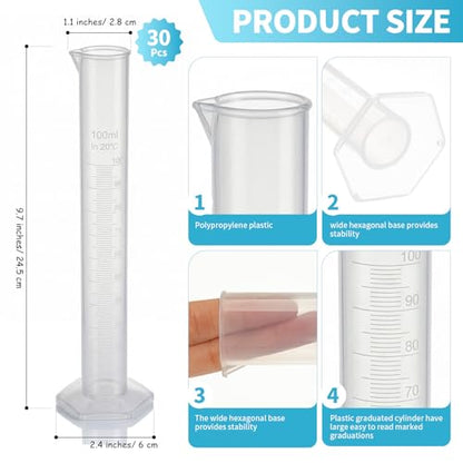 Xuhal 30 Pack 100ml Transparent Plastic Graduated Cylinder Bulk, Measuring Cylinder Set 2-sided Marking Clear Plastic Lab Cylinders Science Measuring Cylinders Spour Spout for Science Laboratory Use