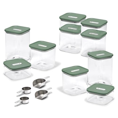 Caraway 26-Piece Ultimate Airtight Glass Food Storage Containers with Lids, Scoops, Measuring Cups and Organizers - Non-Toxic BPA-Free Stackable Space-Saving Containers for Pantry - Sage - color: Sage, size: 26-Piece Set