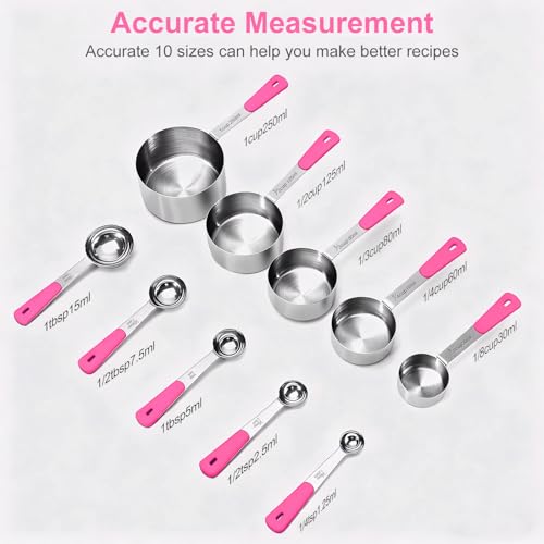 Bopei Measuring Cups and Spoons Set Stainless Steel 10 Piece for Cooking and Baking (5 Cups + 5 Spoons, Pink Handle) - color: Pink