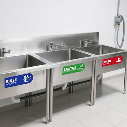 5pcs Wash Rinse Sanitize Sink Labels, 9x3in Waterproof Hand Washing Stickers for 3 Compartment Sinks for Commercial Kitchens Restaurants Food Trucks & Dishwashing Stations