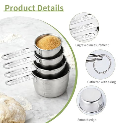 -BINGBING- Measuring Cups of 4, Stainless Steel Measuring Cups, Stackable | Stainless Steel Cups with Metal Handle for Dry and Liquid Ingredients, Ideal for Cooking & Baking