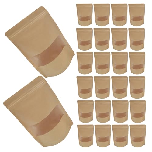 50pcs Kraft Paper Food Storage Bags with Window, Stand-up Resealable Pouches for Cheese and Candy, Reusable Kraft Sealable Pouches for Travel and Pantry Organization
