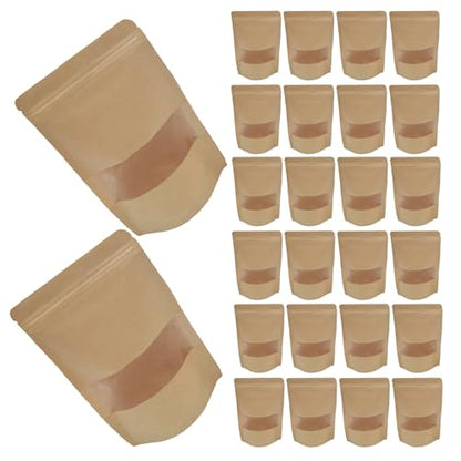 50pcs Kraft Paper Food Storage Bags with Window, Stand-up Resealable Pouches for Cheese and Candy, Reusable Kraft Sealable Pouches for Travel and Pantry Organization