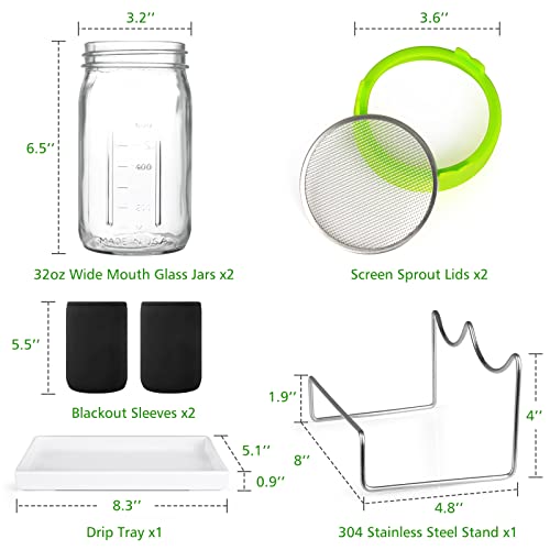 Kitmiido Seed Sprouting Kit, 2 Large Wide Mouth Mason Jars with Sprout Lids, Blackout Sleeves, Drain Tray, Stainless Steel Stand, Sprouts Growing Kit for Bean, Broccoli, Alfalfa (Yellow+Green) - color: Yellow&green
