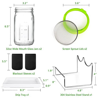 Kitmiido Seed Sprouting Kit, 2 Large Wide Mouth Mason Jars with Sprout Lids, Blackout Sleeves, Drain Tray, Stainless Steel Stand, Sprouts Growing Kit for Bean, Broccoli, Alfalfa (Yellow+Green) - color: Yellow&green